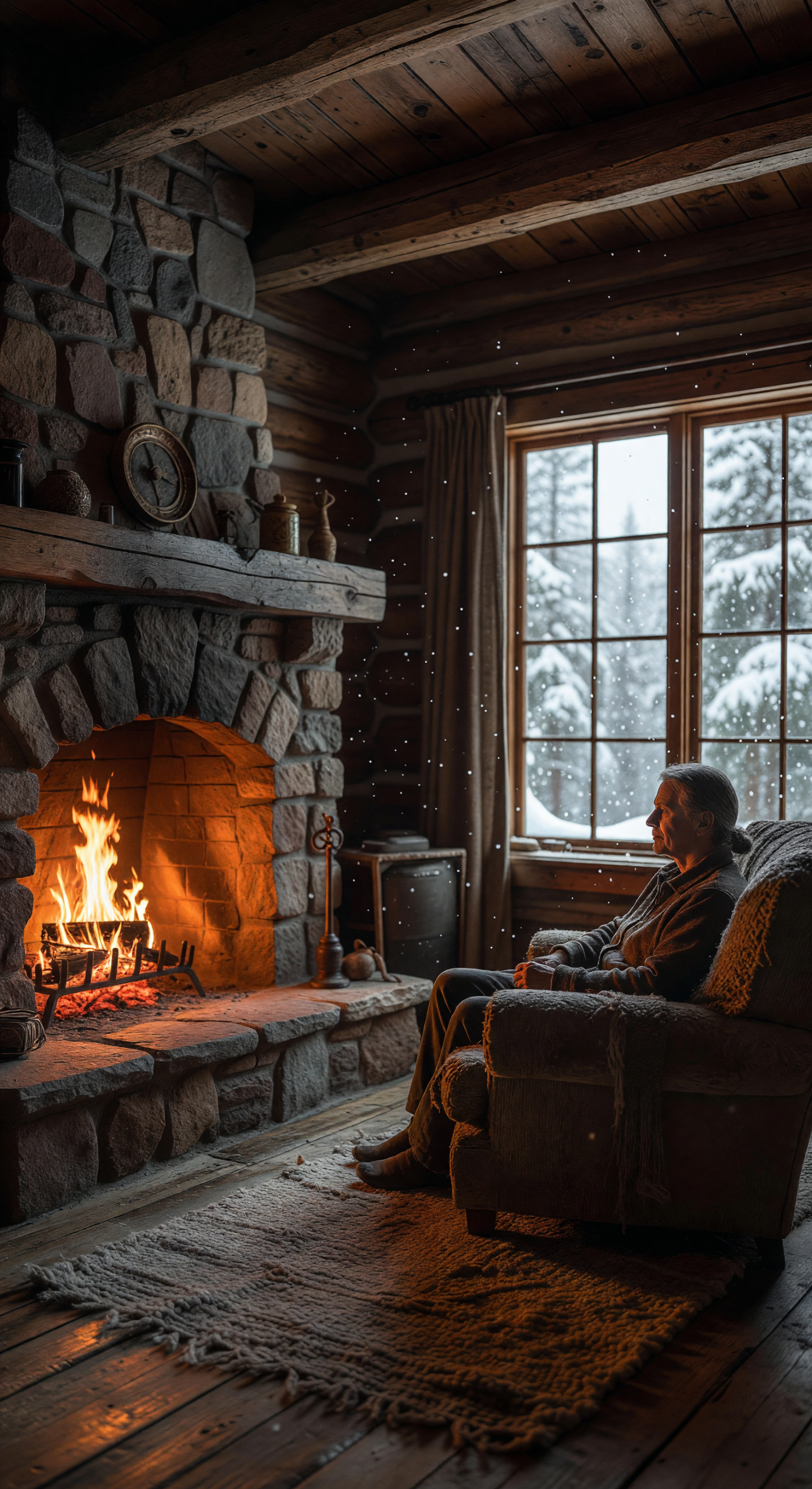 Cozy Cabin Interior with Fireplace and Snowfall Outside