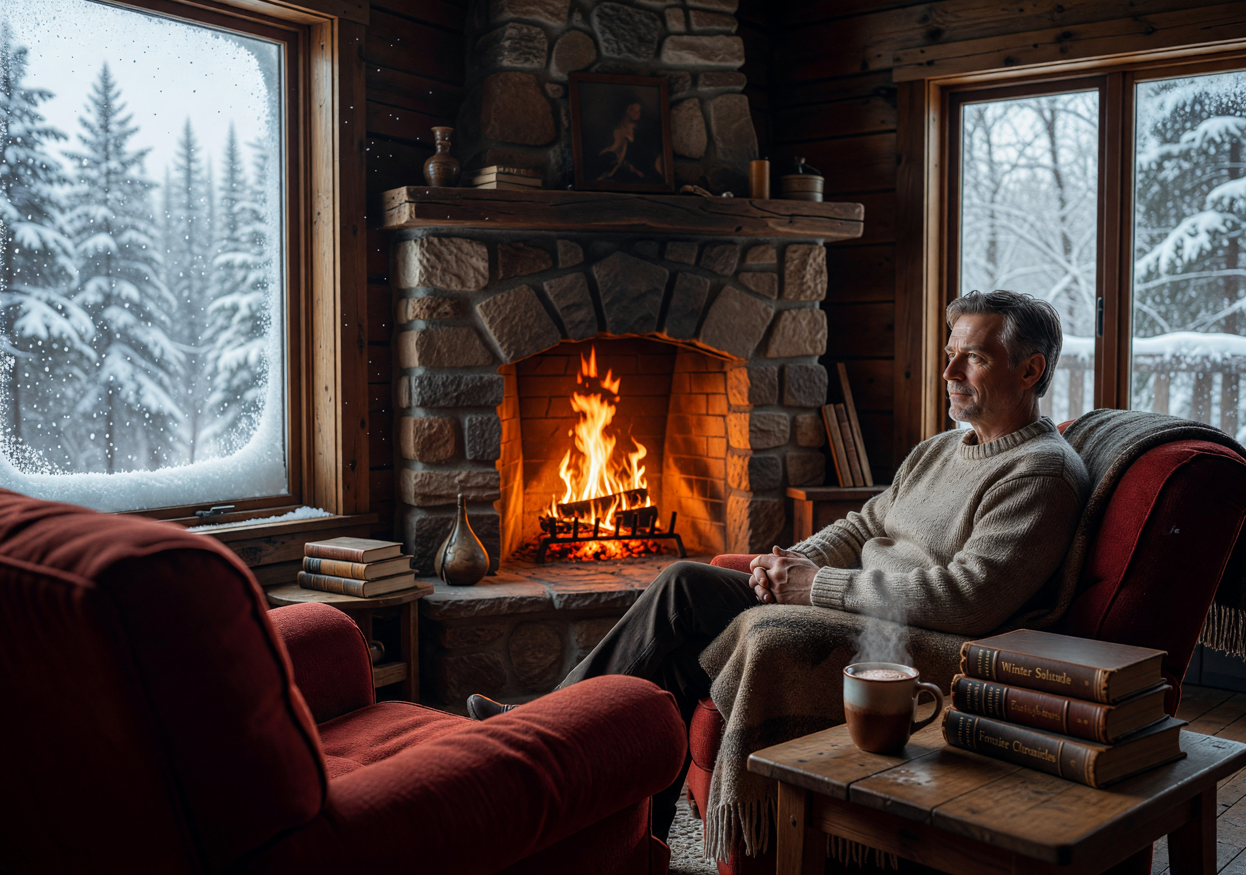Cozy Cabin Interior with Fireplace and Snowfall Outside