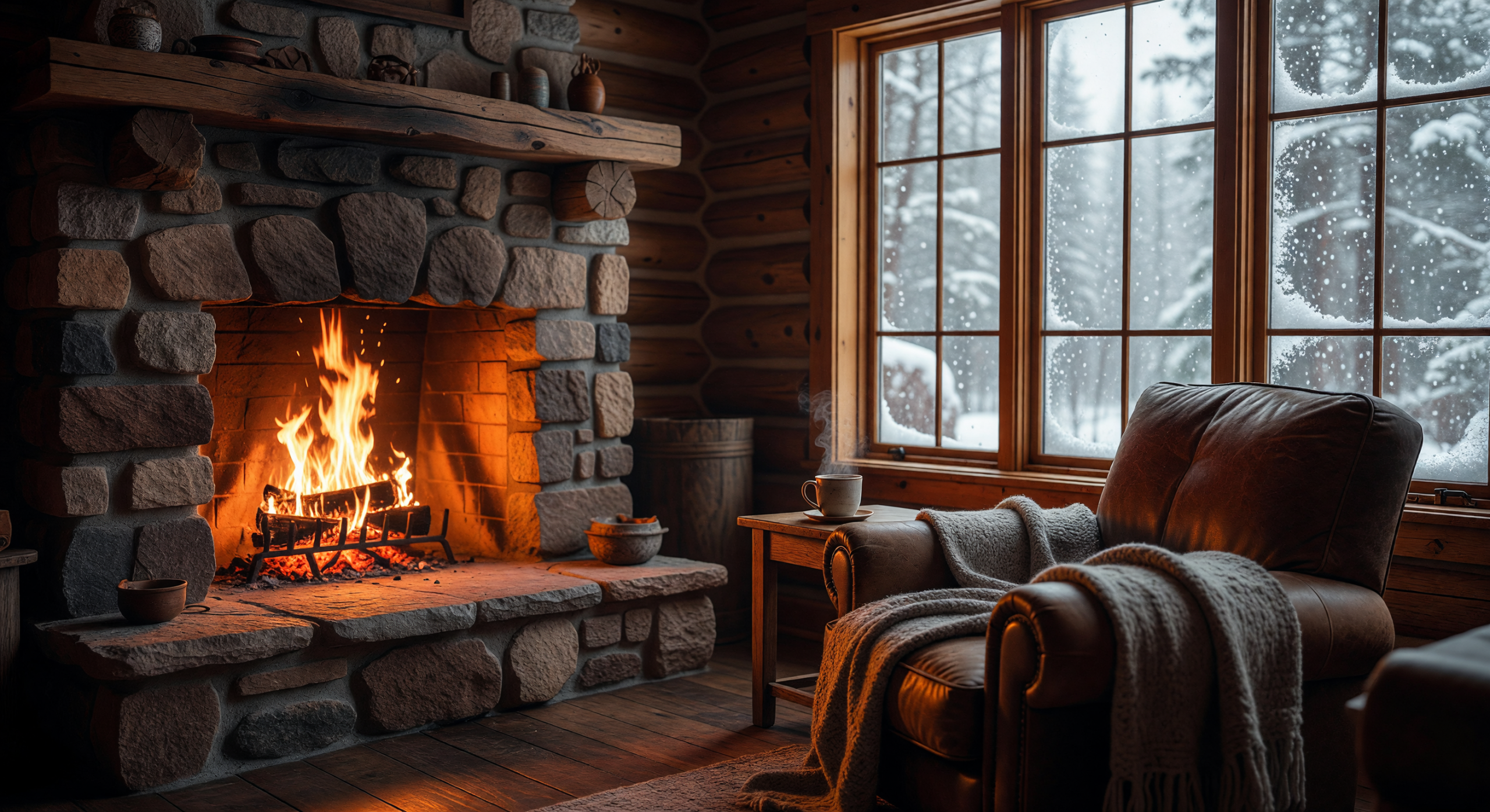 Cozy Cabin Interior with Fireplace and Snowfall Outside