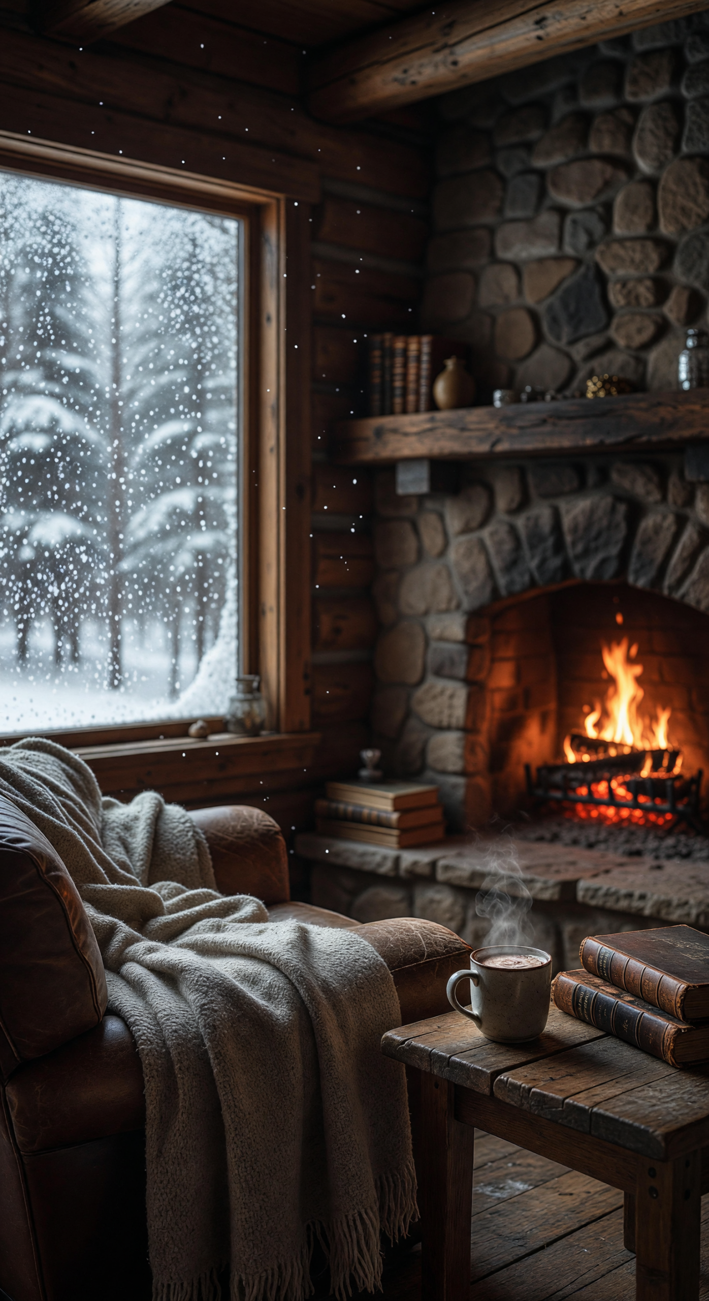 Cozy Cabin Interior with Fireplace and Snowfall View
