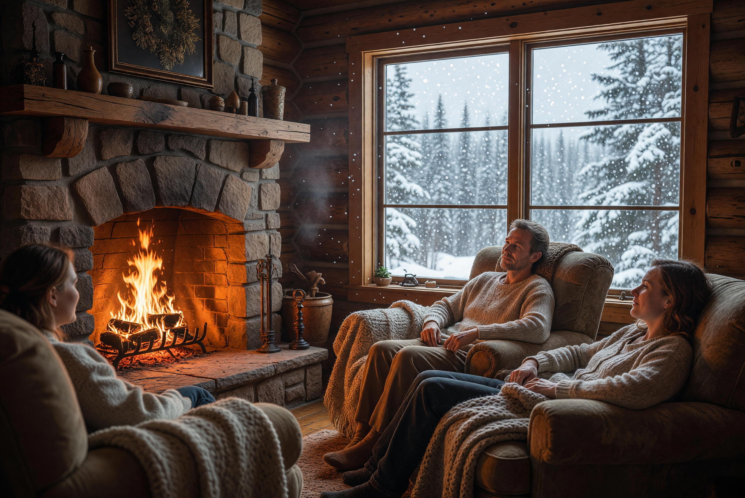 Cozy Cabin Interior with Fireplace and Snowstorm Outside