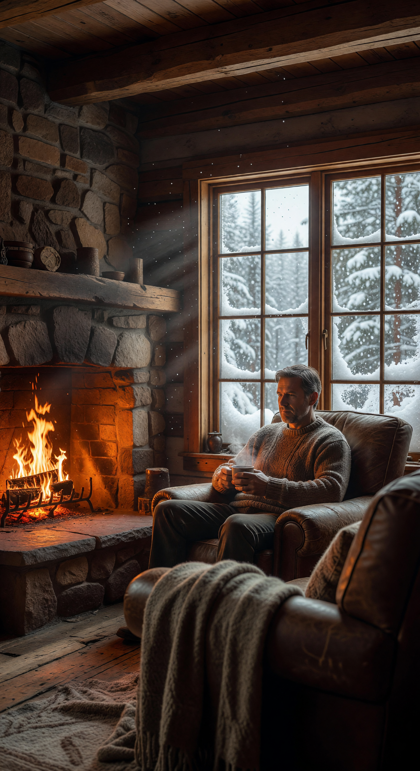 Cozy Cabin Interior with Fireplace and Snowy Window View