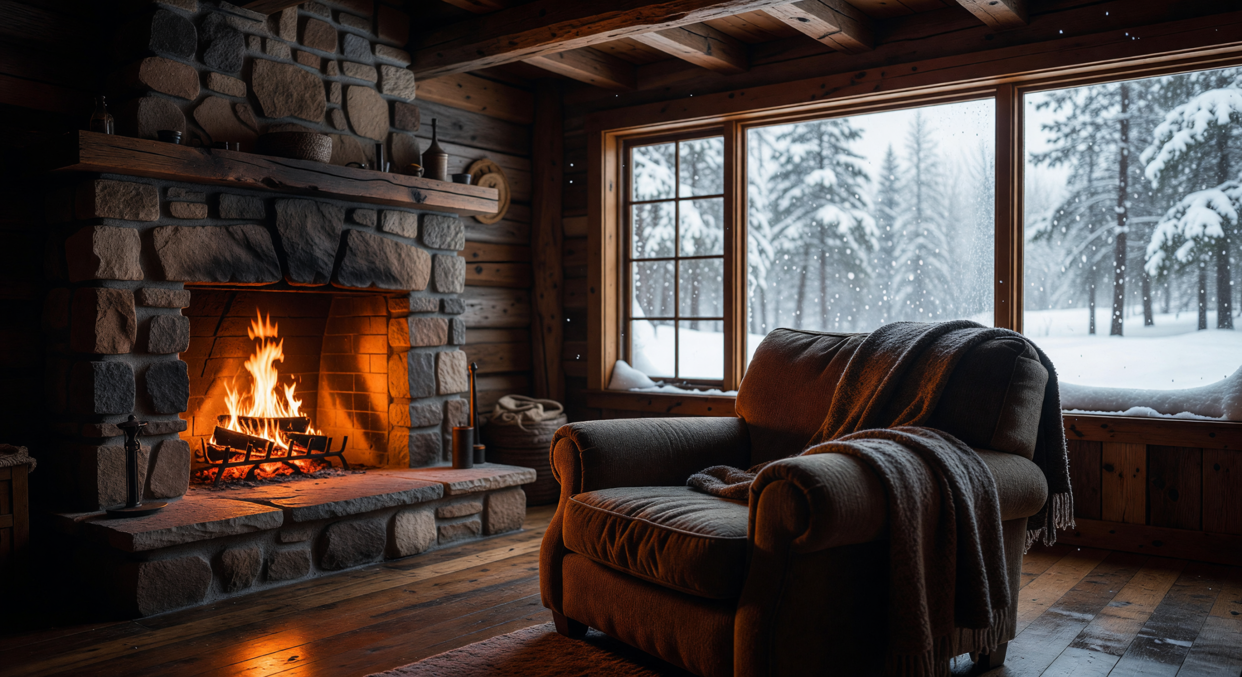Cozy Cabin Interior with Fireside Glow and Snowy Window View