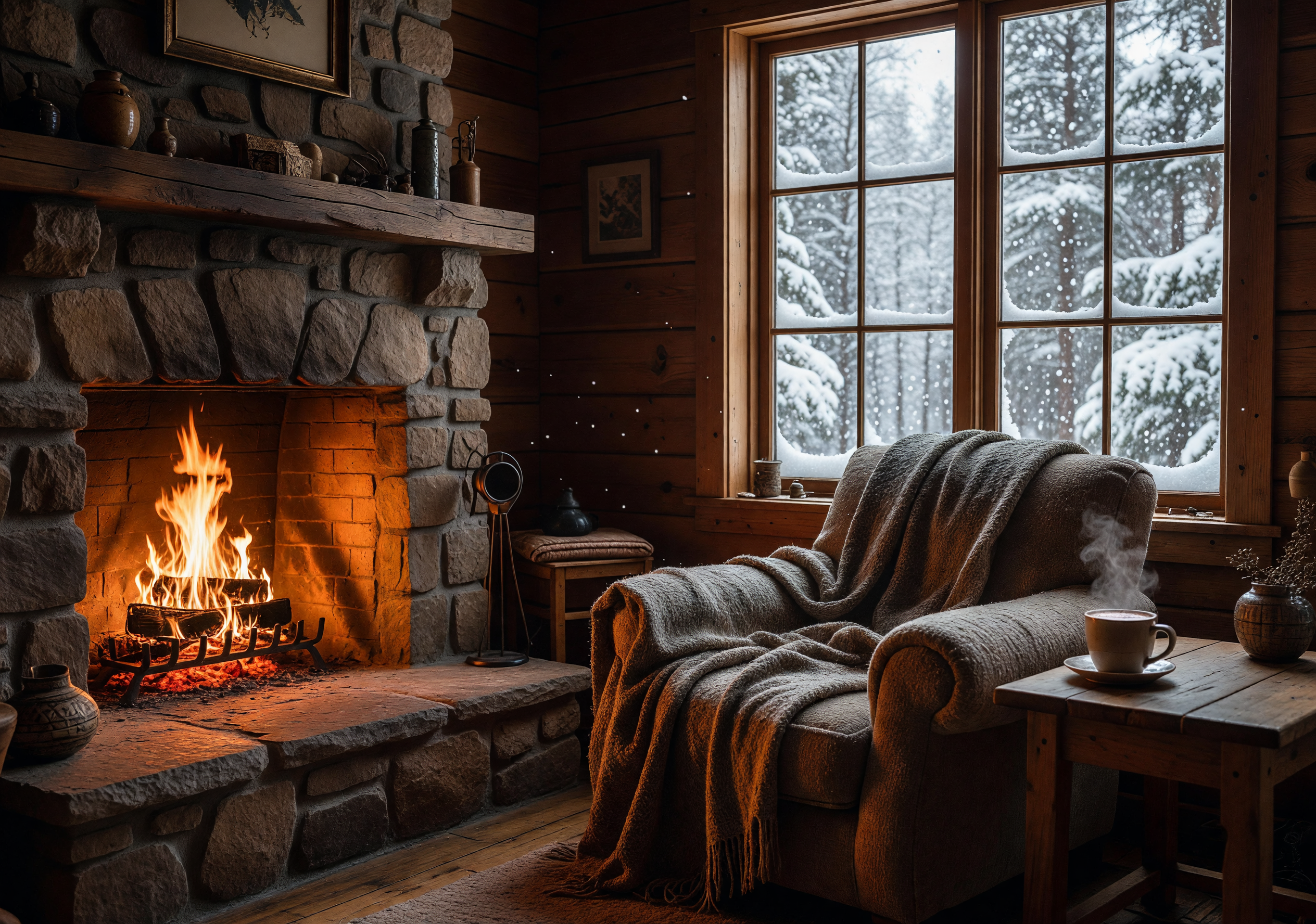 Cozy Cabin Interior with Hearth and Snowfall Outside