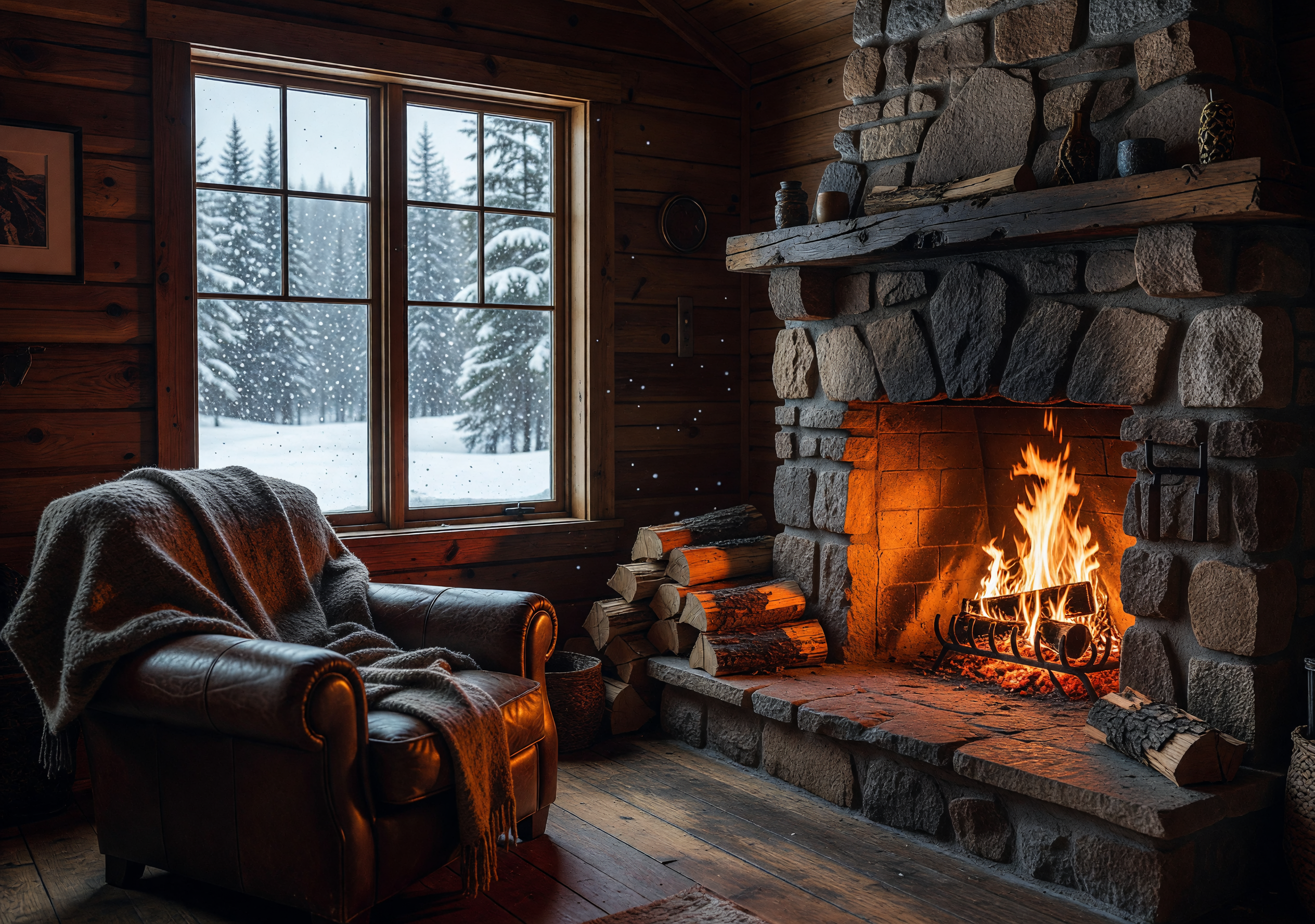 Cozy Cabin Interior with Stone Fireplace and Snowy View