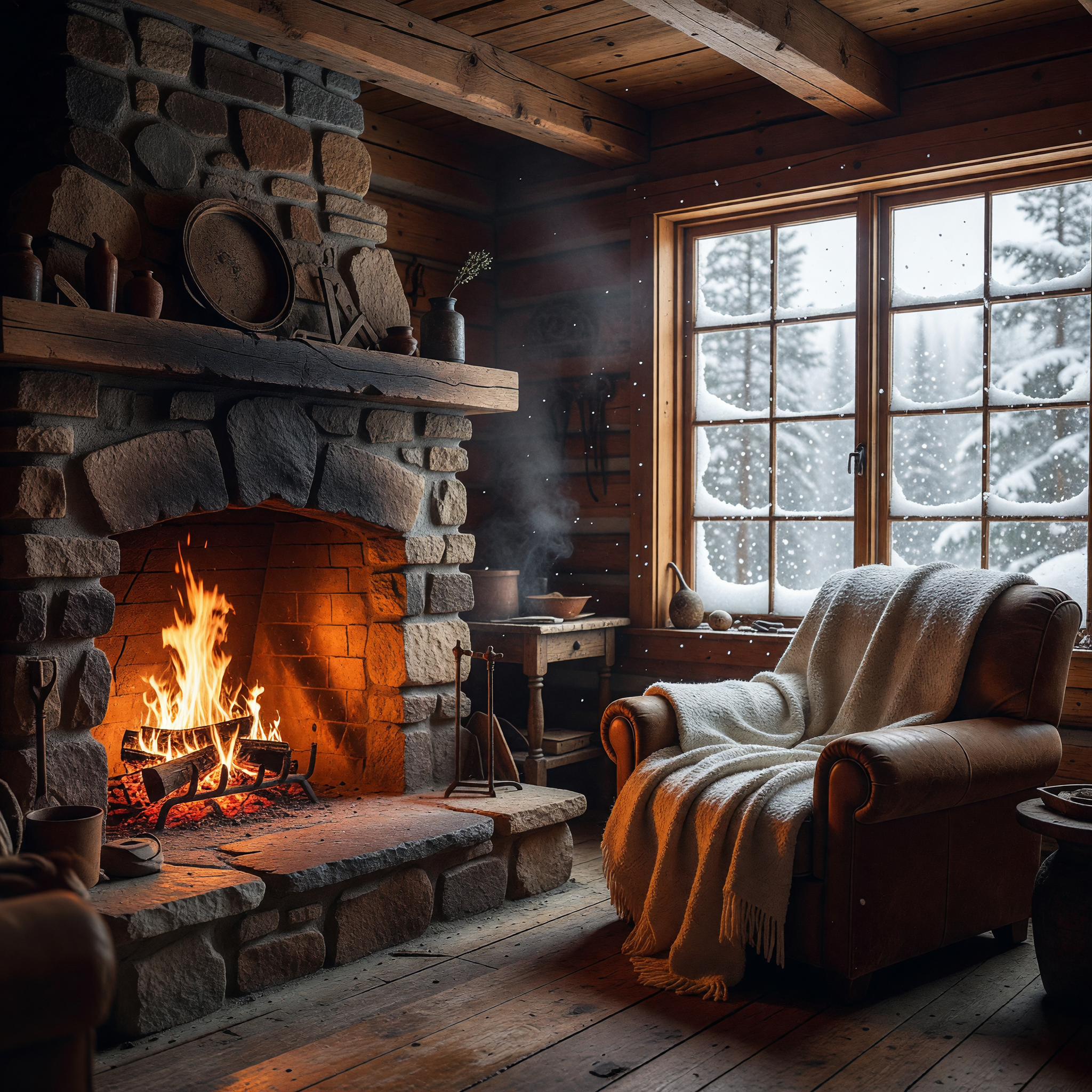 Cozy Cabin Interior with Stone Fireplace and Snowy Window