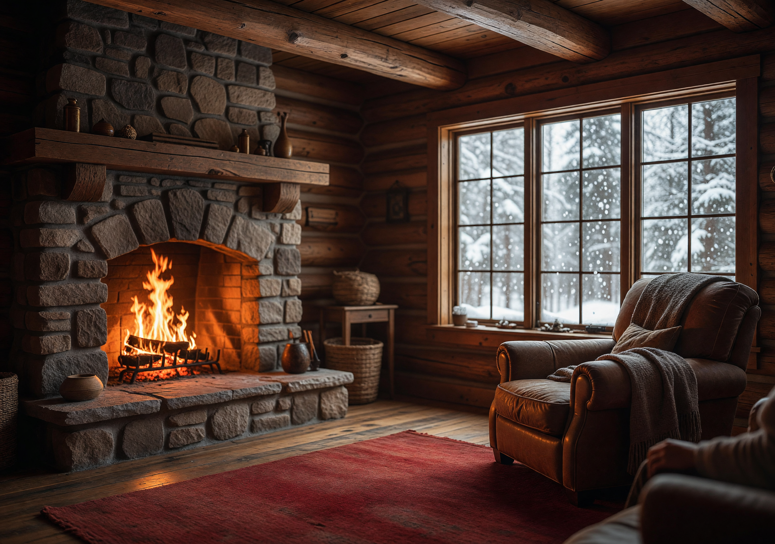 Cozy Cabin Interior with Stone Fireplace and Snowy Window View