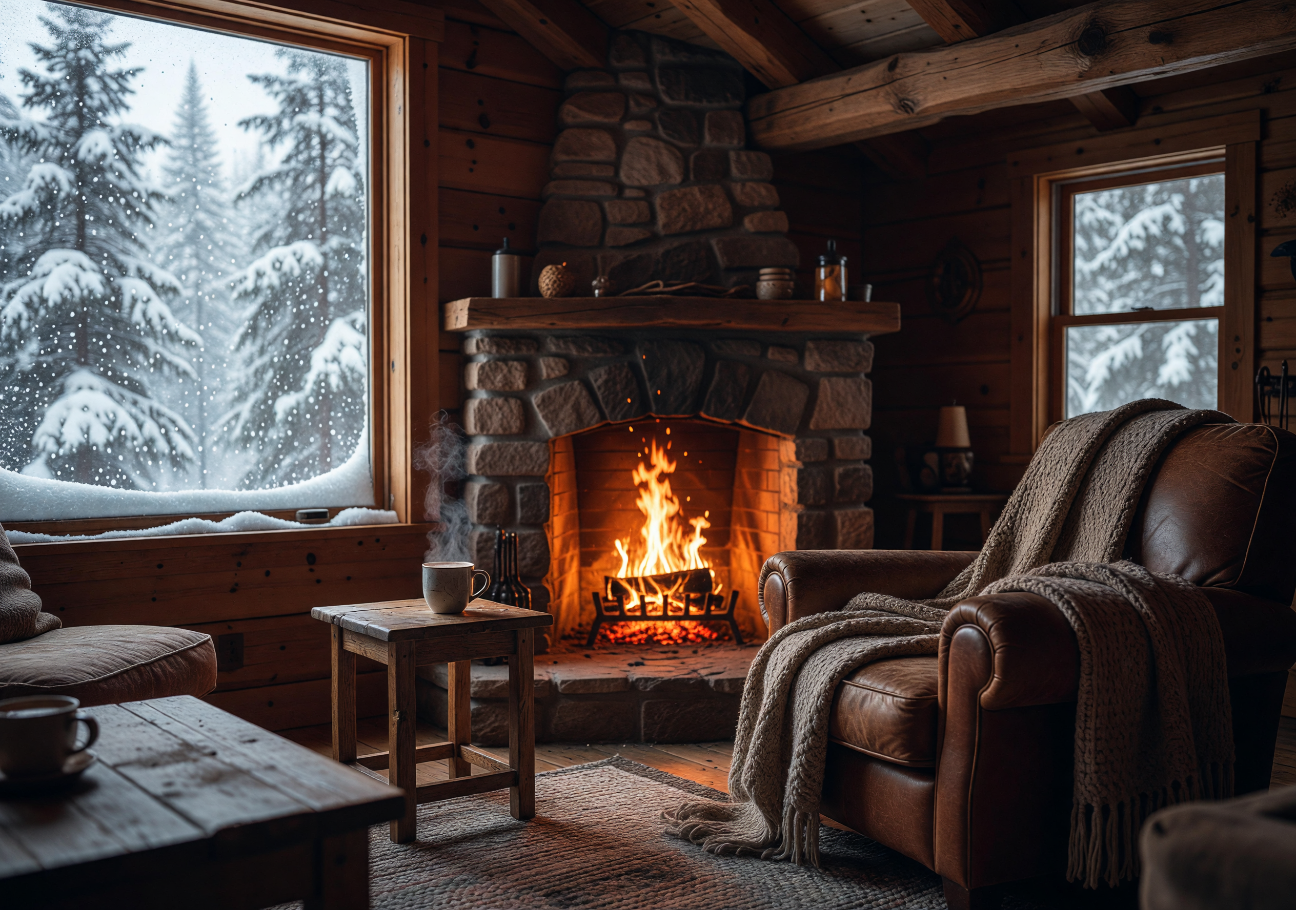 Cozy Cabin Interior with Warm Fireplace and Snowy Window View