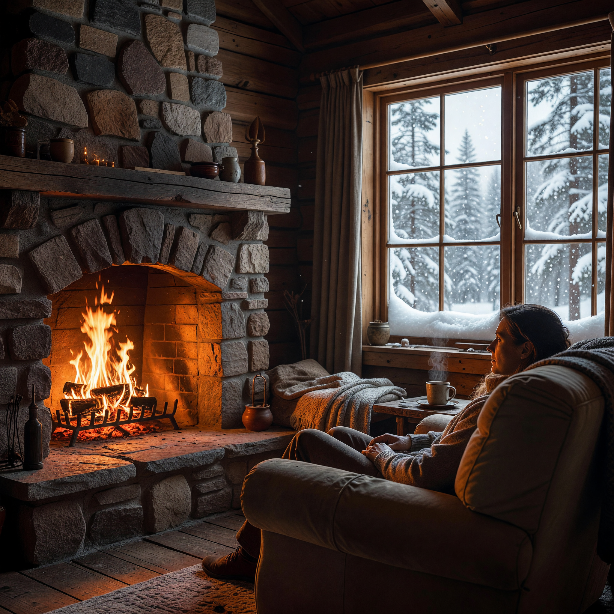 Cozy Cabin Interior with Warm Fireplace and Snowy Window View