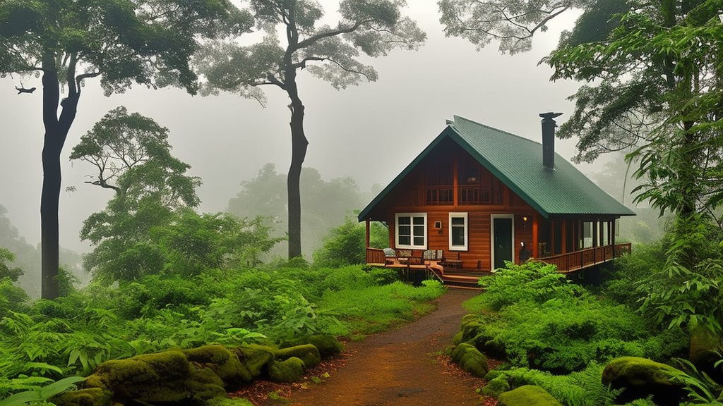 Cozy Cabin Surrounded by Lush Green Forest in Misty Weather
