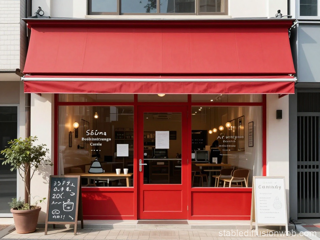 Cozy Cafe with Red Awning and Inviting Interior