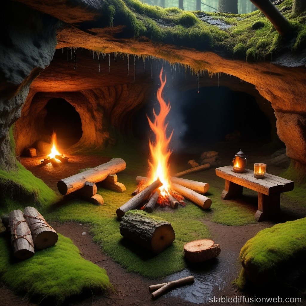 Cozy Campfire Inside a Mossy Forest Cave