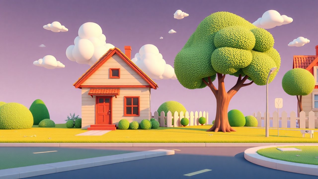 Cozy Cartoon 3D Suburban House with Lush Greenery
