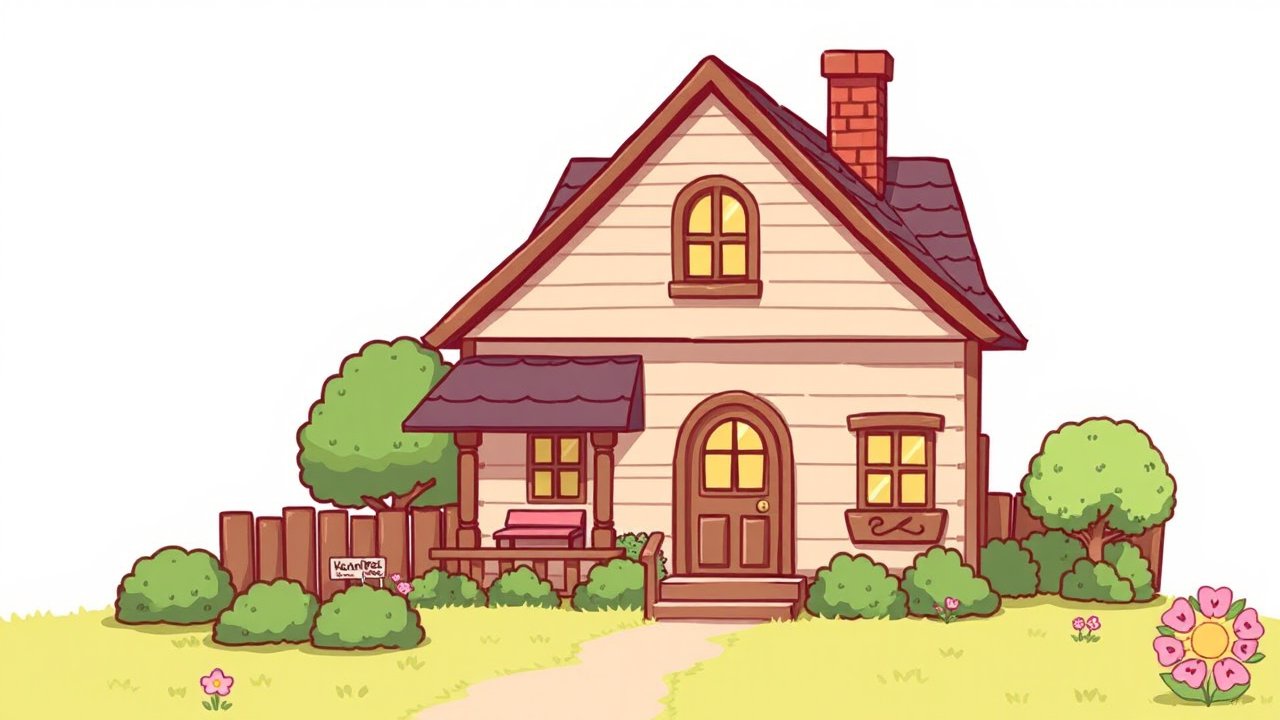 Cozy Cartoon Cottage with Garden and Fence