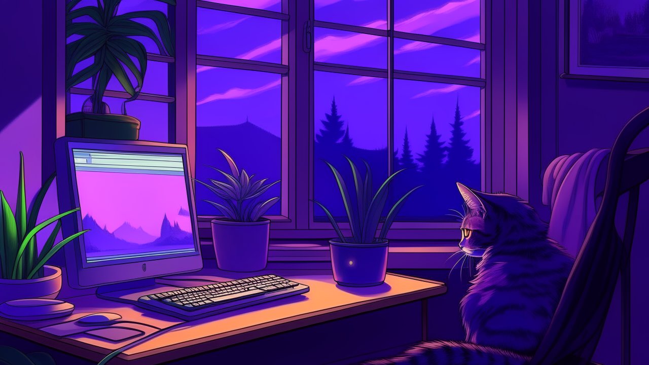 Cozy Cat by a Purple-Hued Computer Desk at Twilight