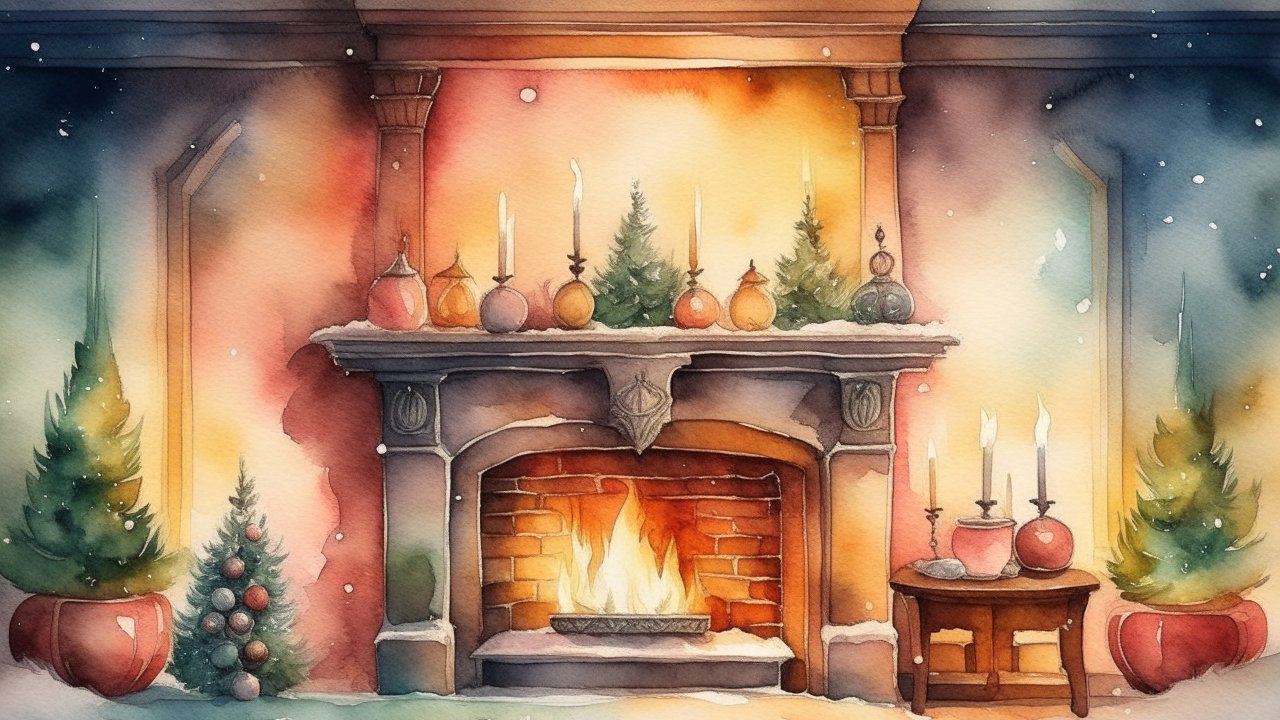 Cozy Christmas Fireplace Watercolor Painting