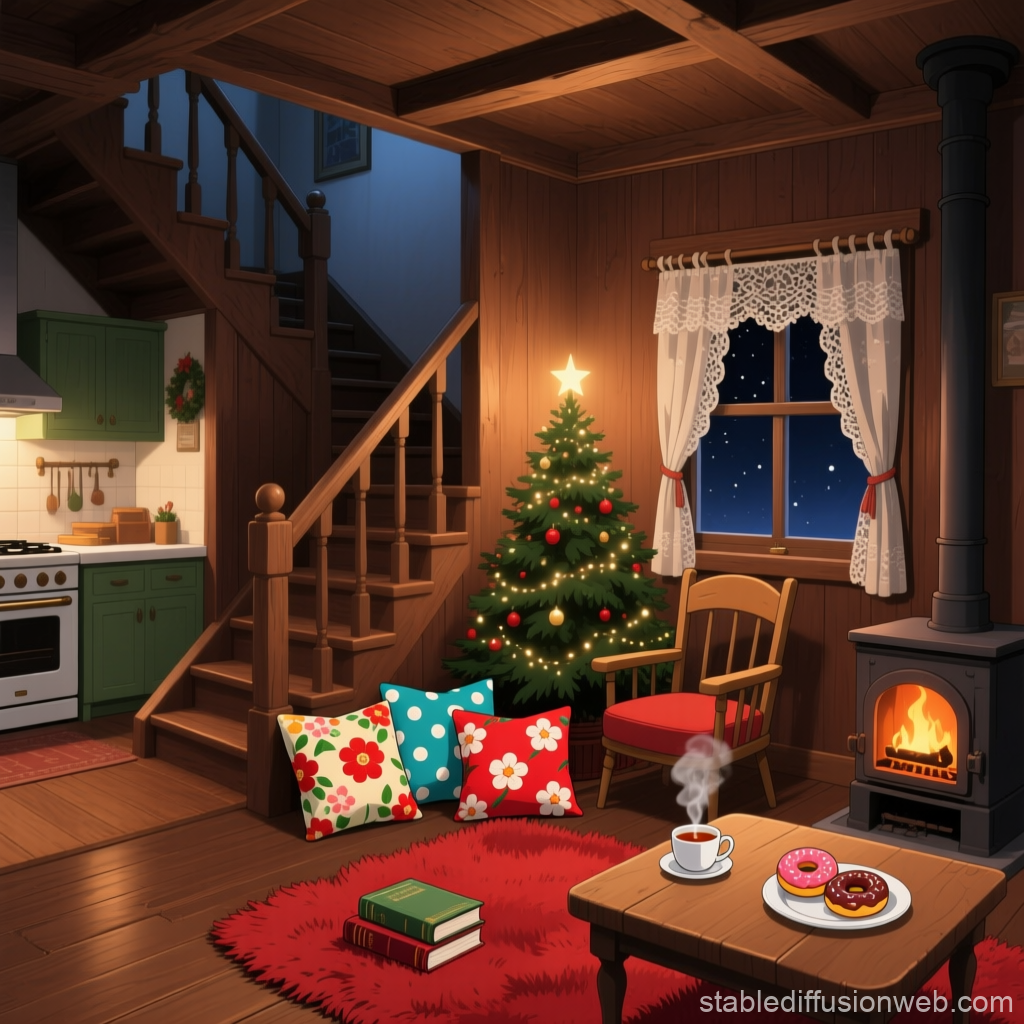 Cozy Christmas Living Room with Fireplace and Stairs