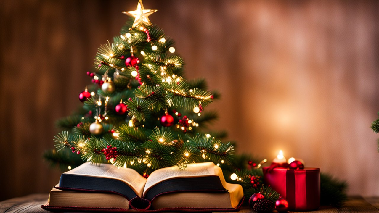 Cozy Christmas Tree with Open Book and Gifts