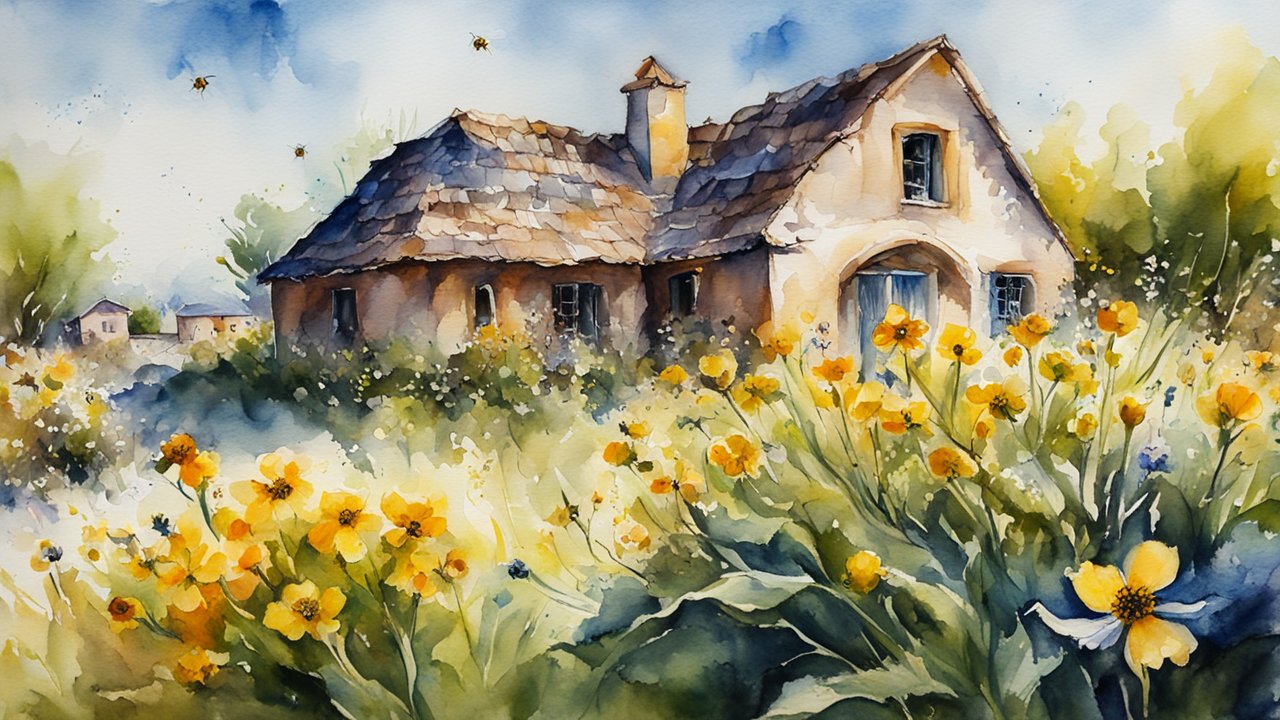 Cozy Cottage Amidst Blooming Yellow Flowers in Watercolor