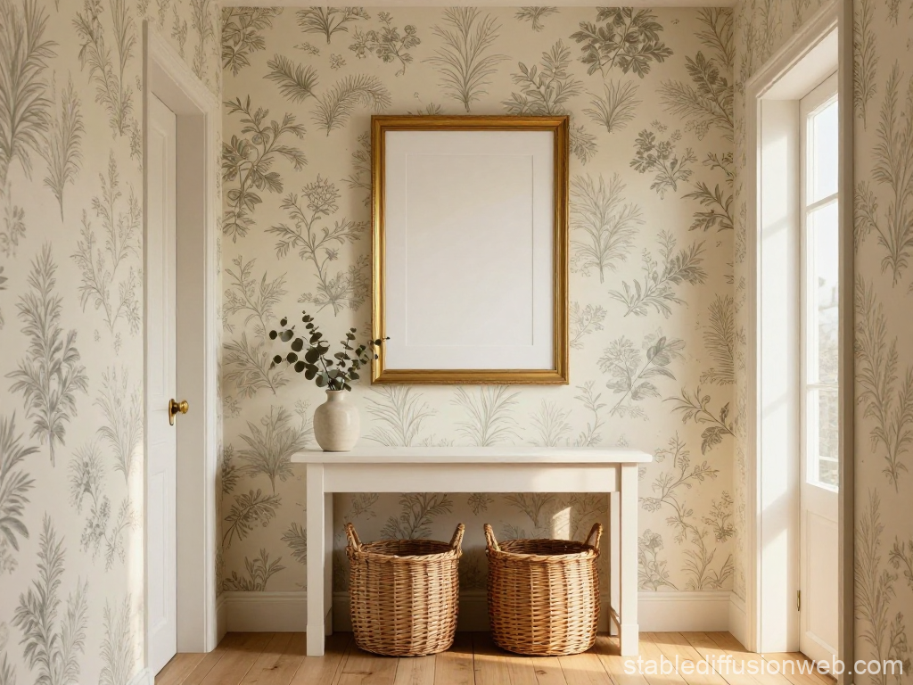 Cozy Cottagecore Hallway with Floral Wallpaper and Wicker Baskets