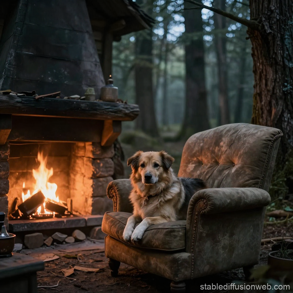 Cozy Dog Relaxing on Armchair by Outdoor Fireplace