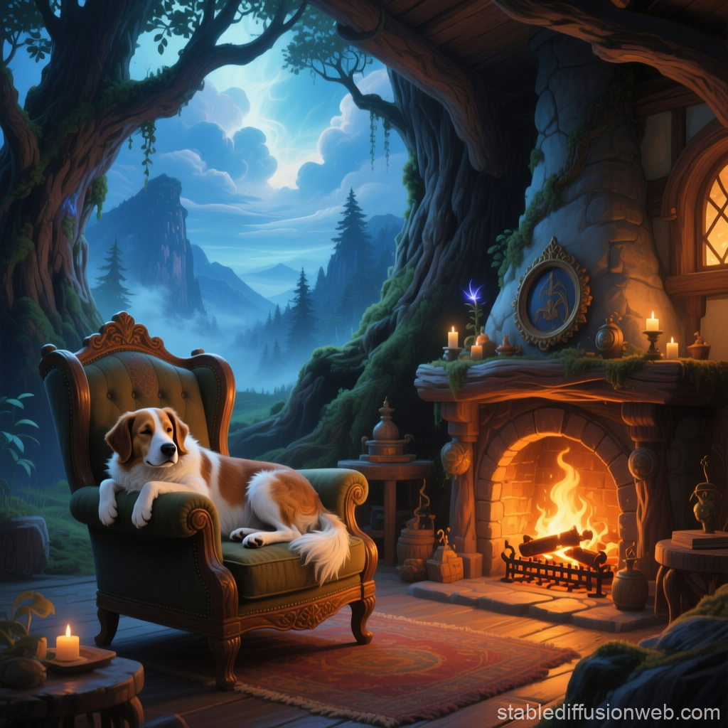 Cozy Elven Dog by Fireplace in Enchanted Forest Home