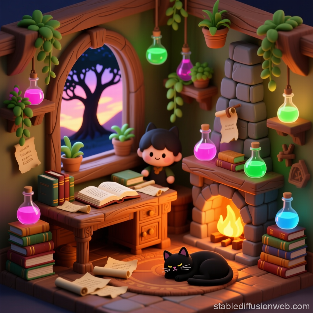 Cozy Enchanted Room with Magical Potions and Cat