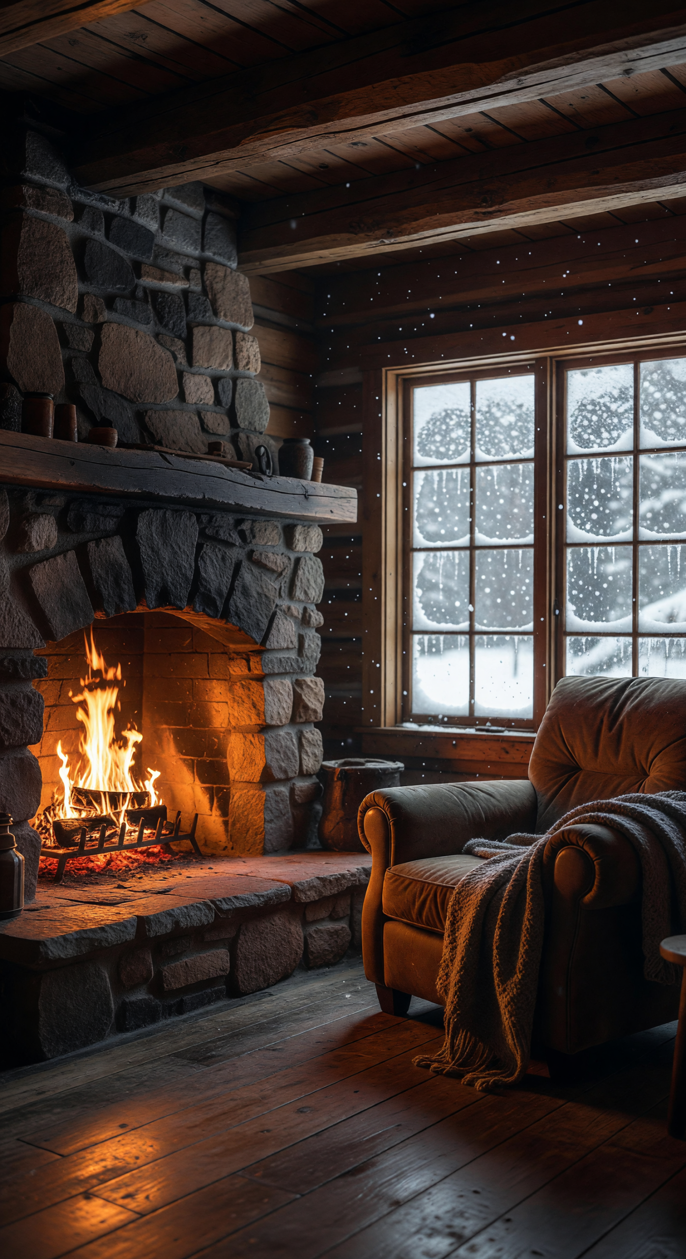 Cozy Fireside Cabin Interior with Snowy Window View