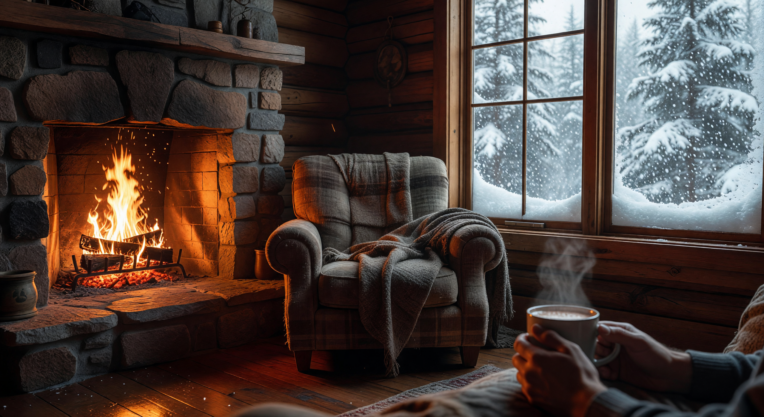 Cozy Fireside Cabin with Snowy Window View