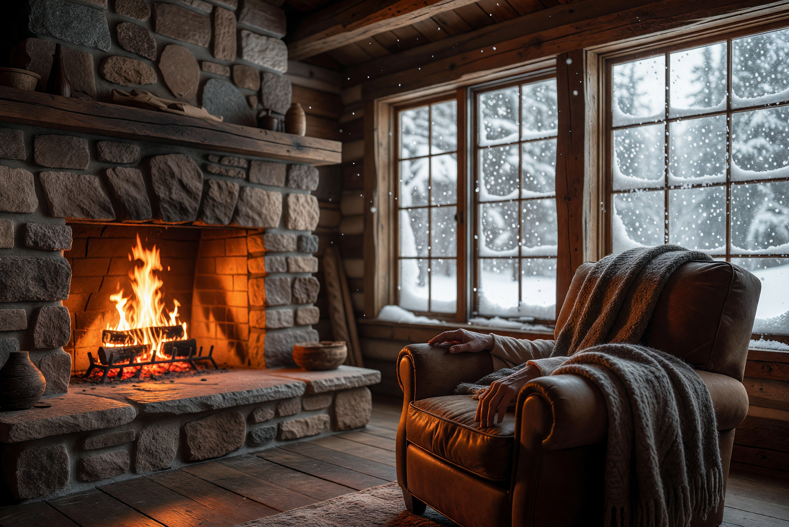 Cozy Fireside Cabin with Snowy Window View