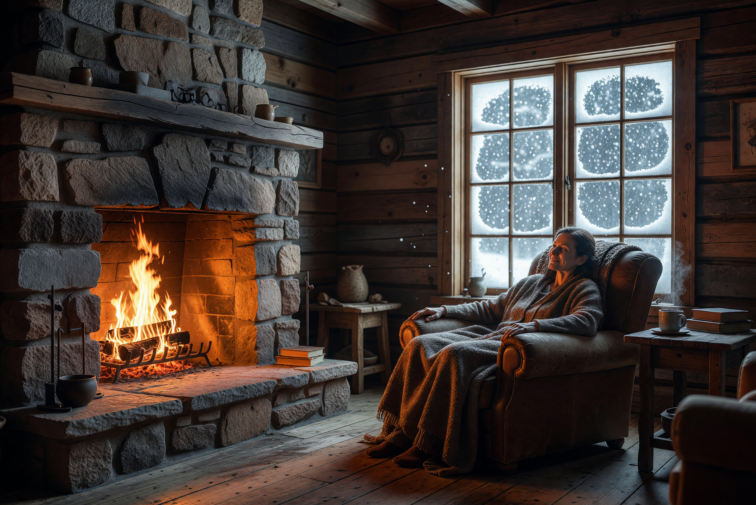 Cozy Fireside Haven in a Snowy Cabin