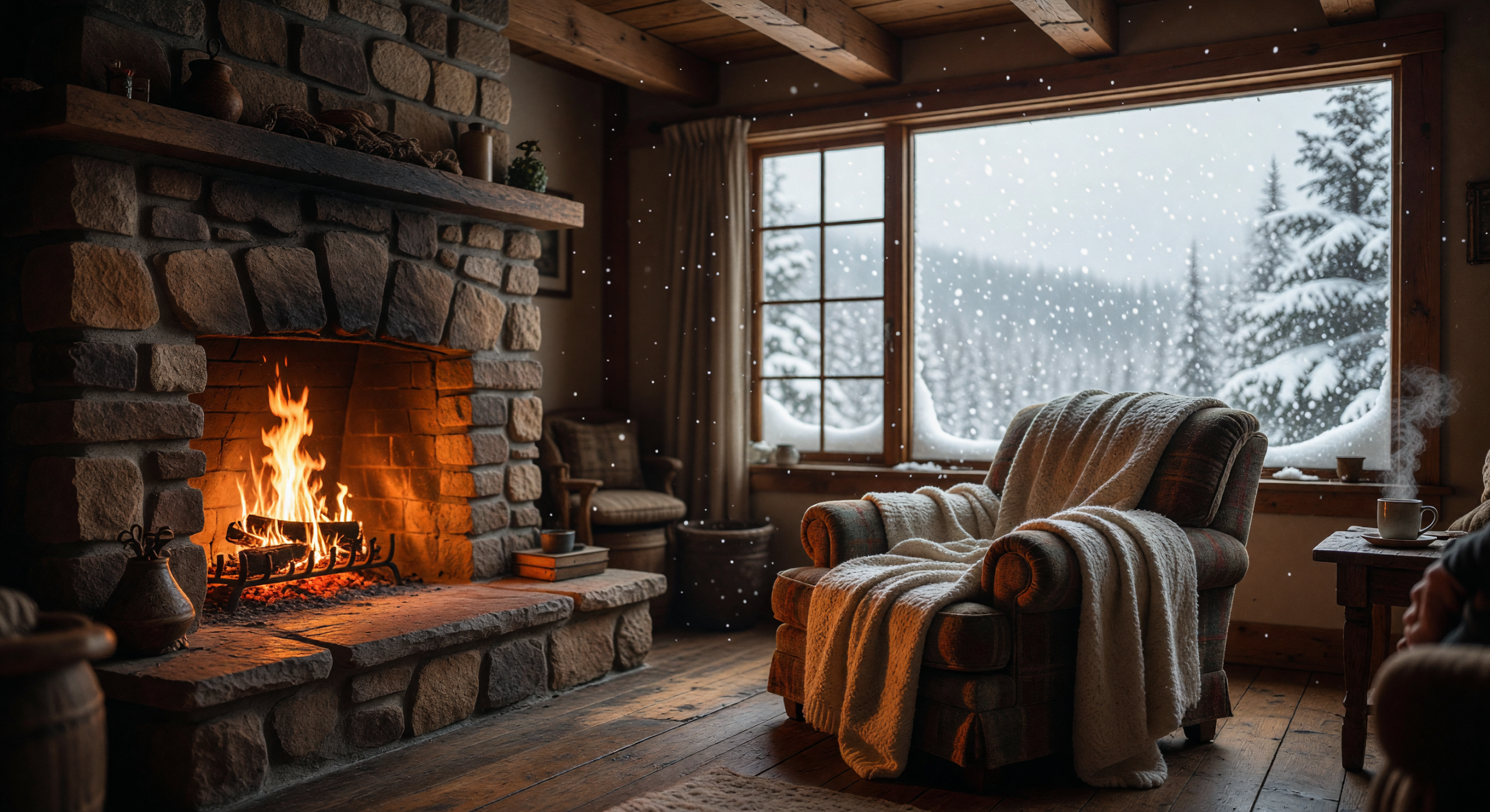 Cozy Fireside Haven with Snowy Window View