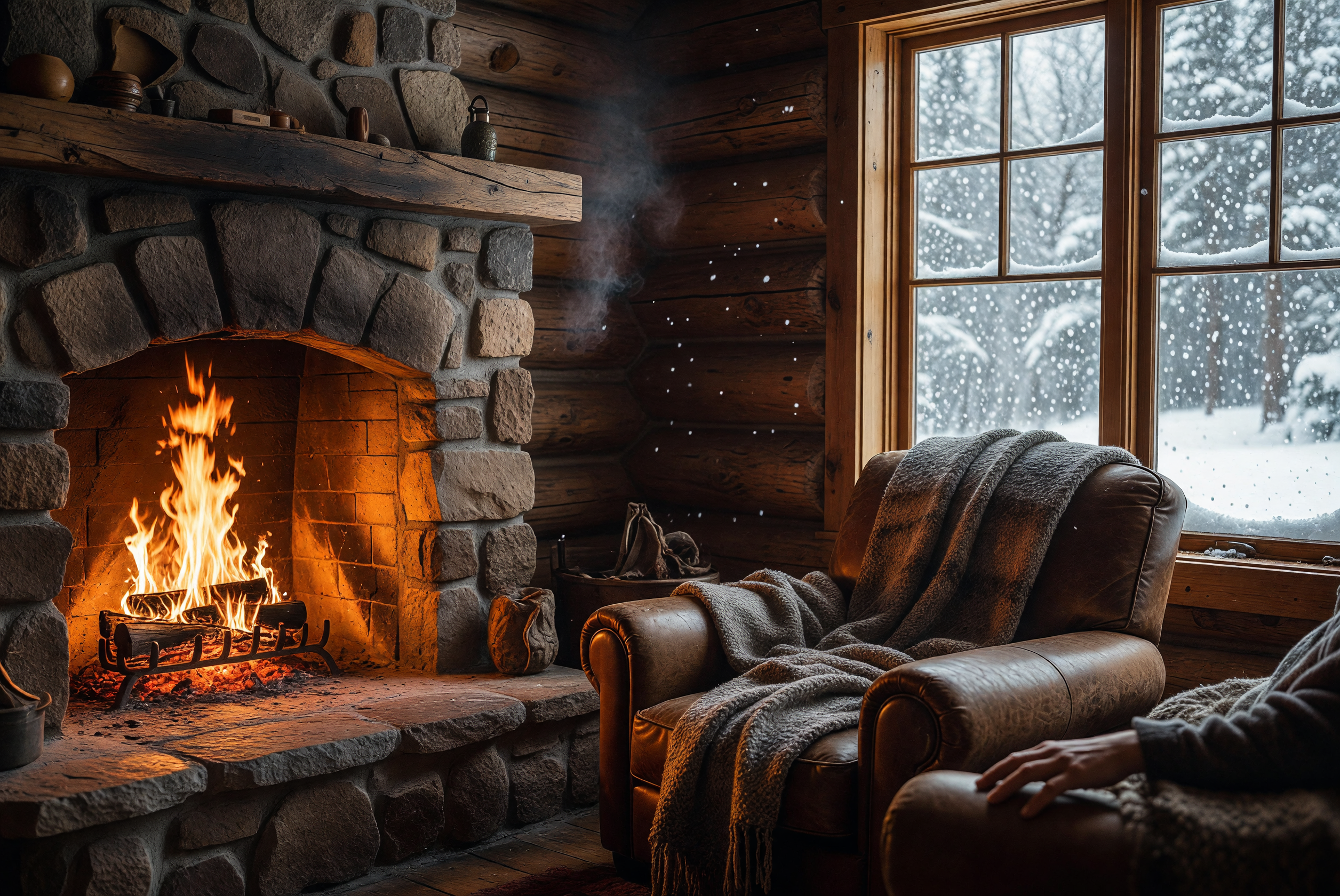 Cozy Fireside in Snowy Cabin Retreat
