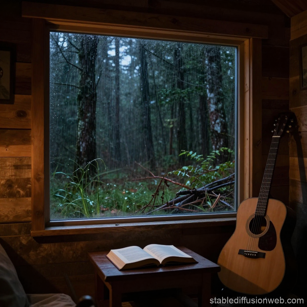 Cozy Forest Cabin Interior with Rainy Window View