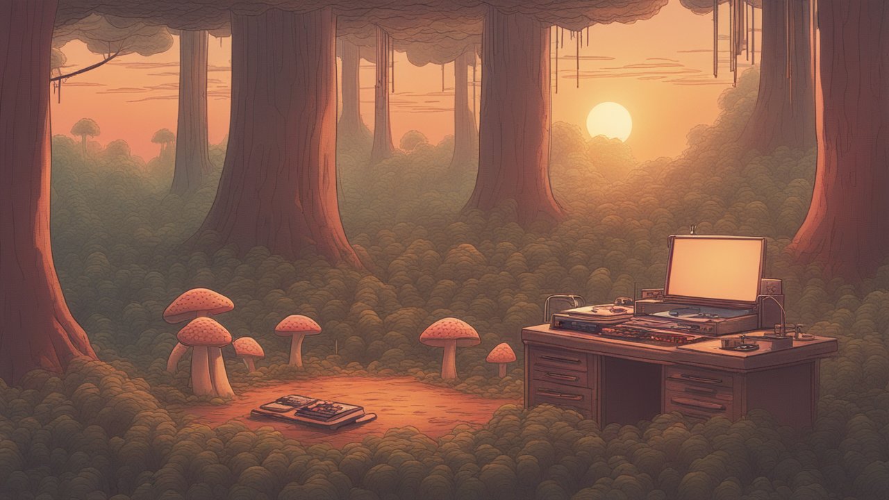 Cozy Forest Studio at Sunset with Vintage Music Setup