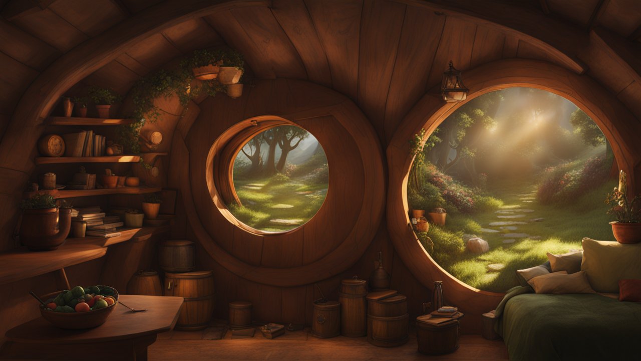 Cozy Hobbit Hole Interior with Sunlit Garden View