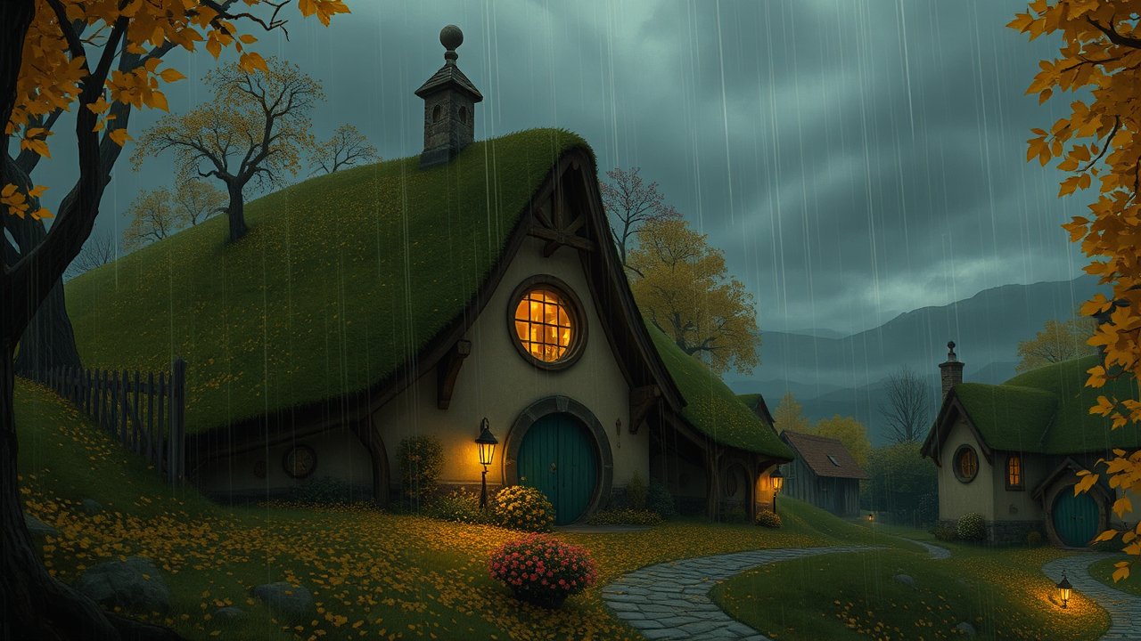 Cozy Hobbit-Style Homes on a Rainy Autumn Evening