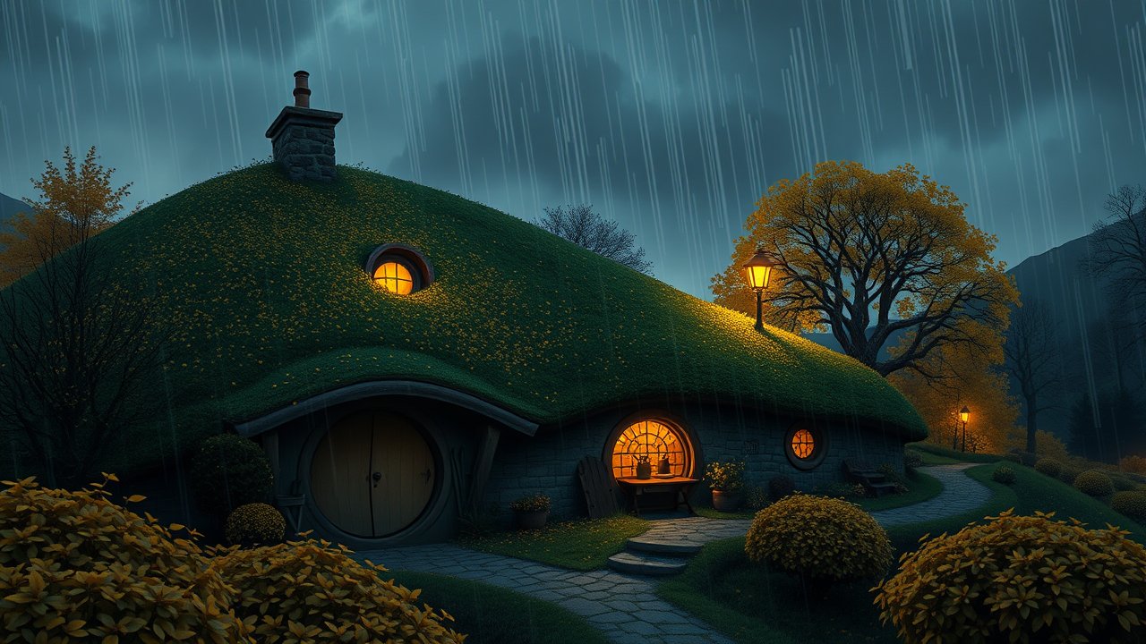 Cozy Hobbit-Style House on a Rainy Night