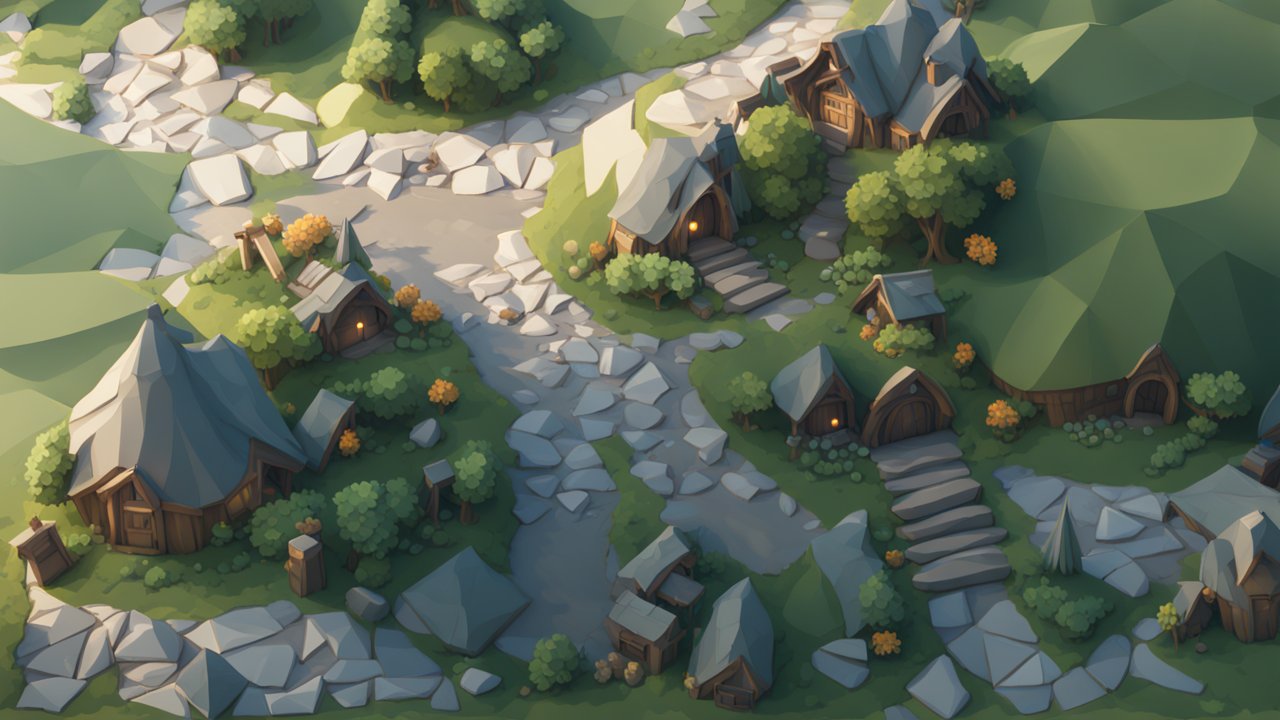 Cozy Hobbit Village in a Stylized Low-Poly Landscape