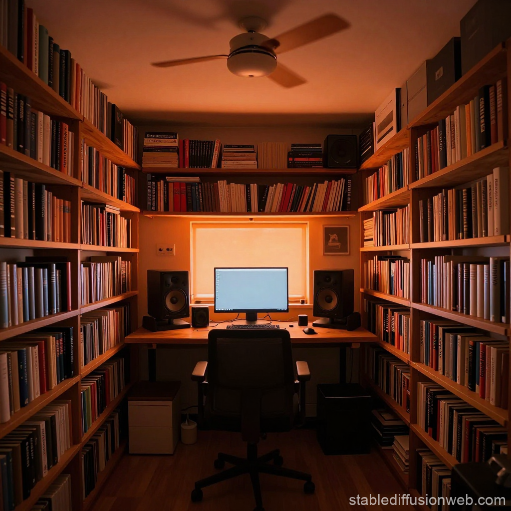 Cozy Home Office Surrounded by Bookshelves