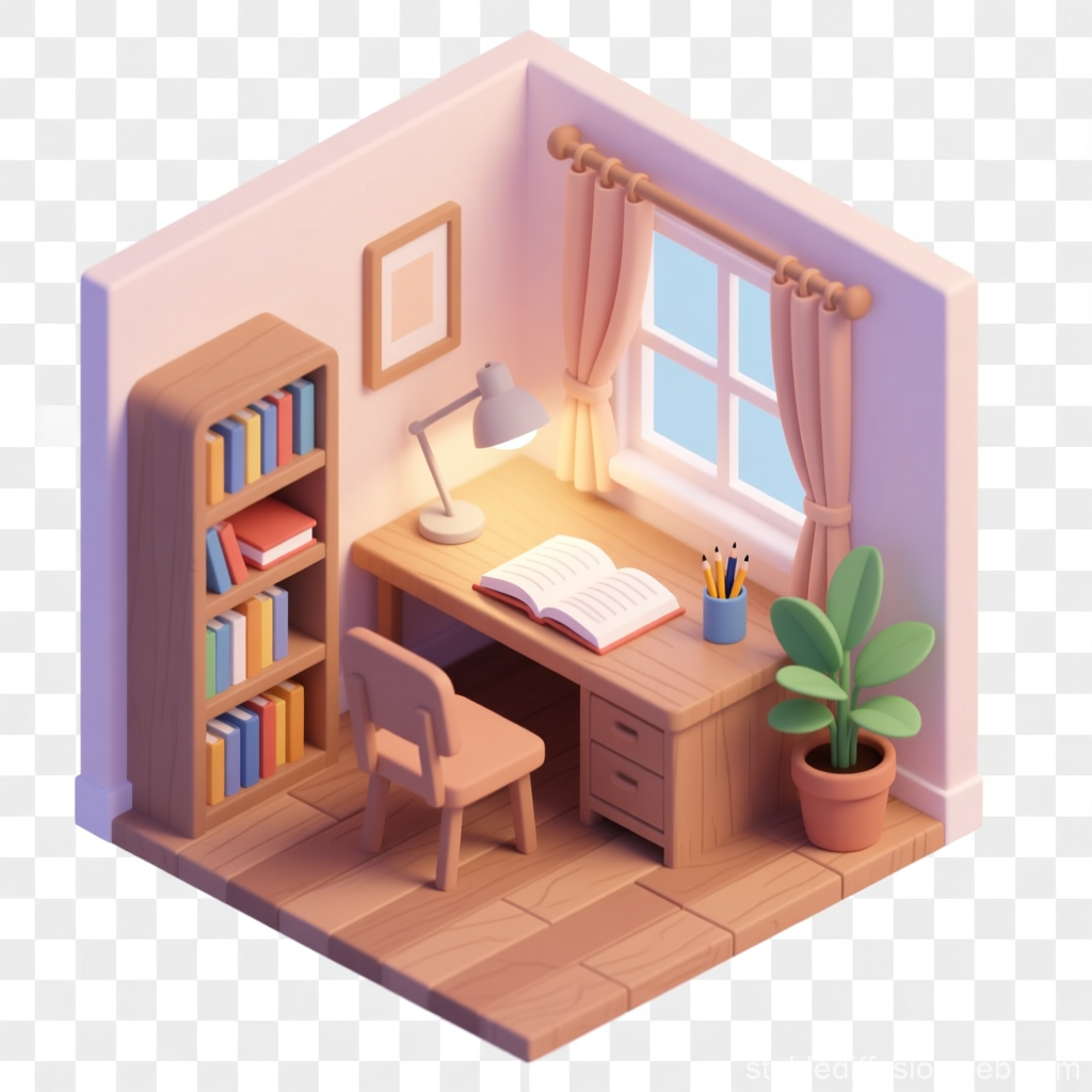 Cozy Isometric Study Room with Desk and Bookshelf