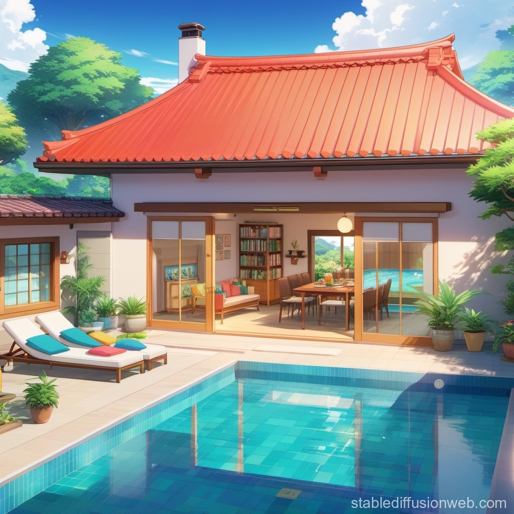 Cozy Japanese-style House with Pool in Anime Style
