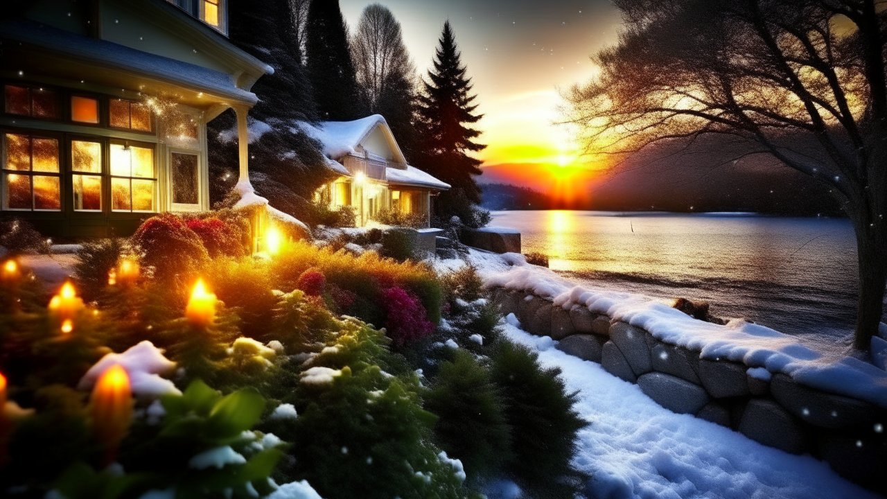 Cozy Lakeside Cottage at Winter Sunset