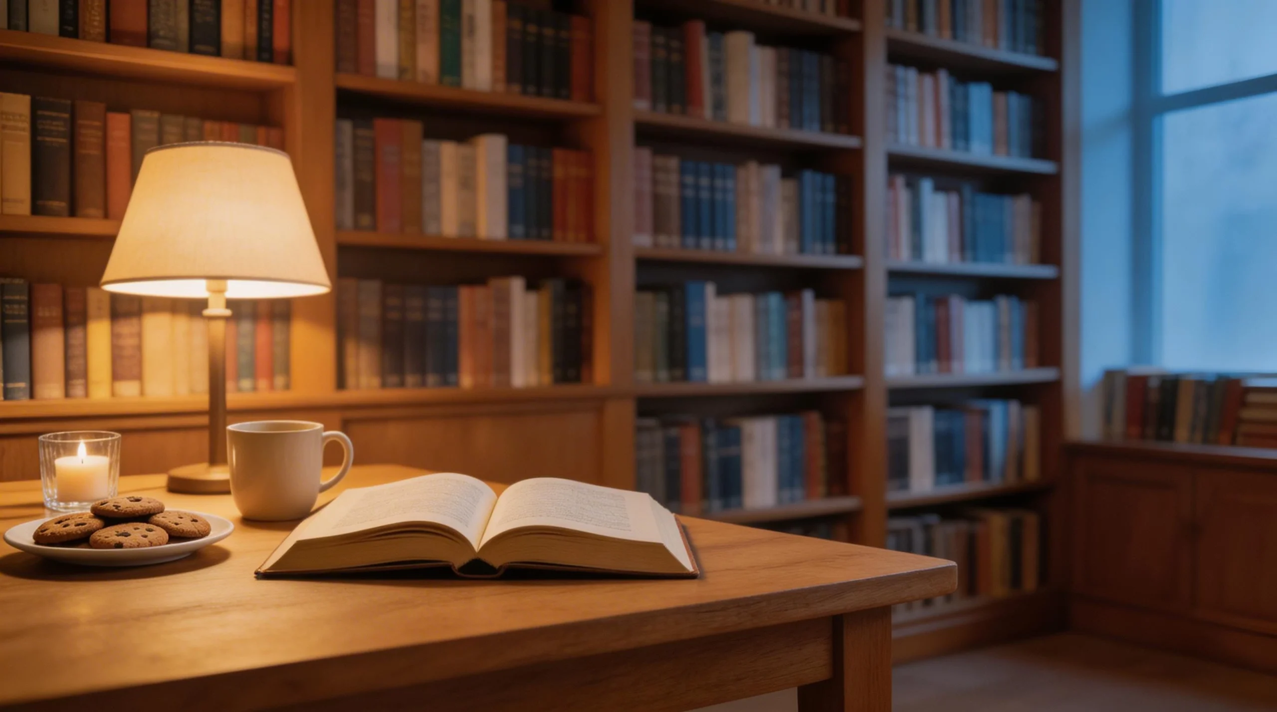 Cozy Library Reading Nook with Warm Lighting