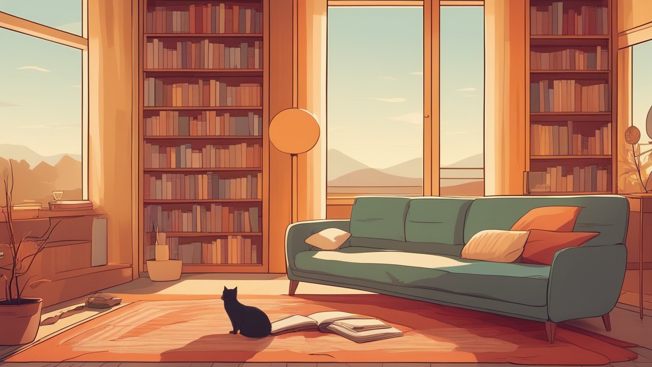 Cozy Living Room with Bookshelves and Cat in Warm Light