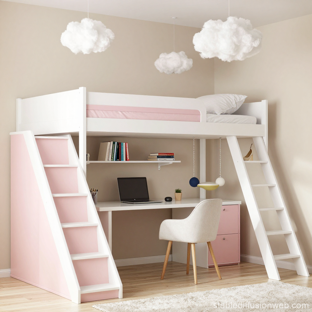 Cozy Loft Bed with Cloud Decor and Study Area