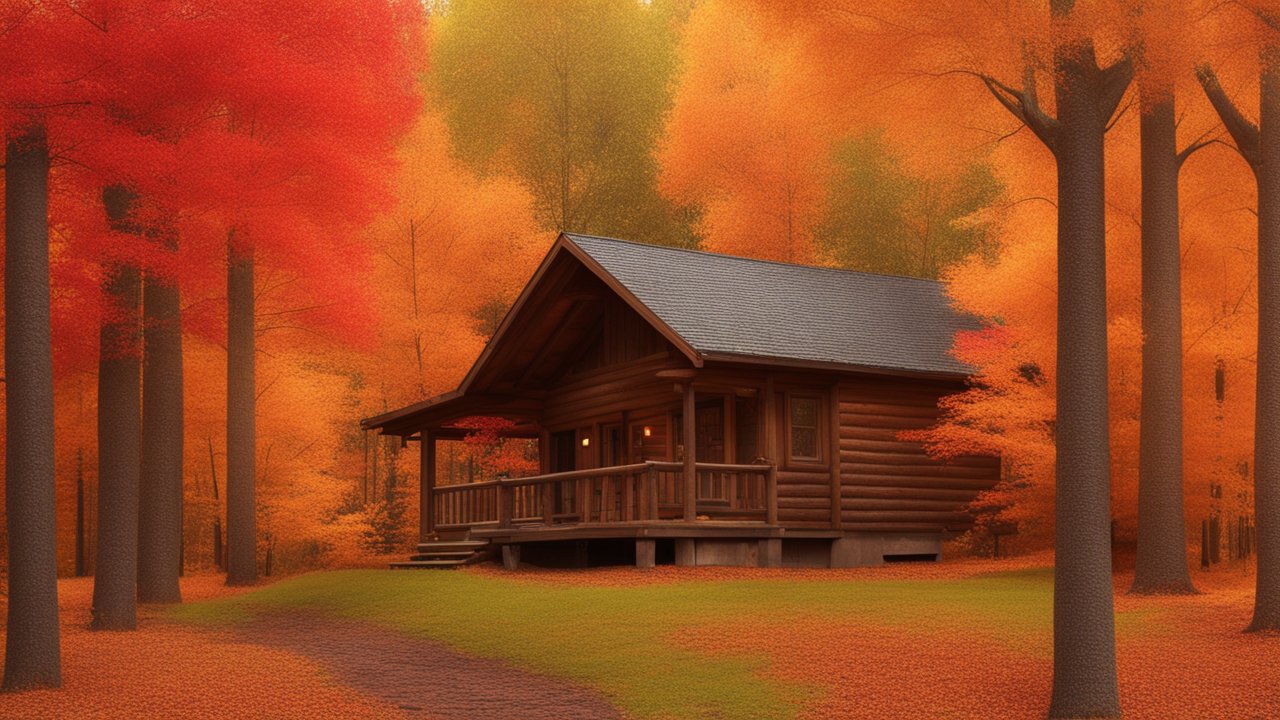 Cozy Log Cabin Surrounded by Vibrant Autumn Foliage