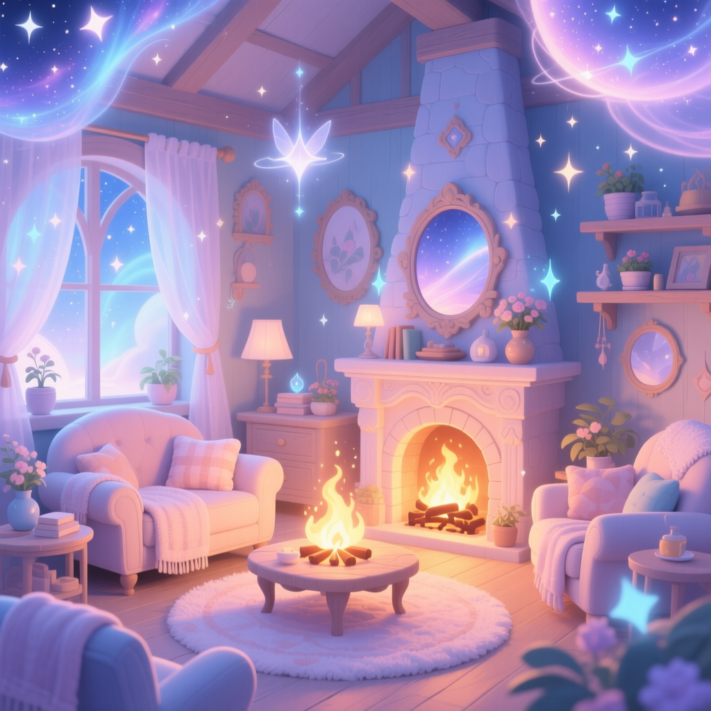 Cozy Magical Living Room with Fireplace and Starry Night