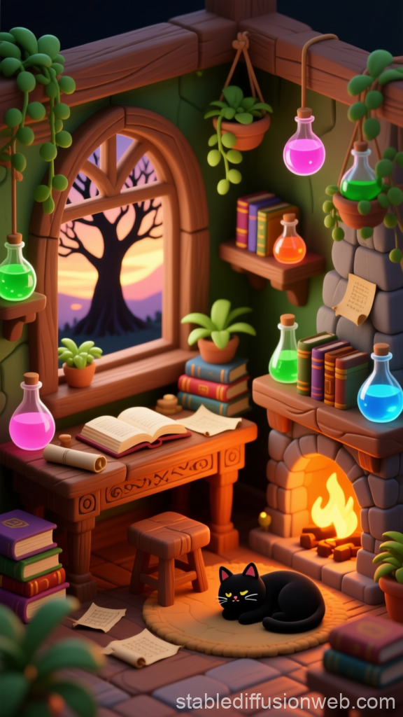 Cozy Magical Study Room with Black Cat by Fireplace