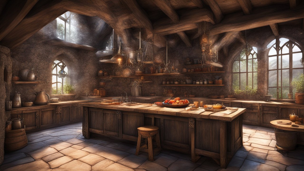 Cozy Medieval Fantasy Kitchen with Warm Sunlight